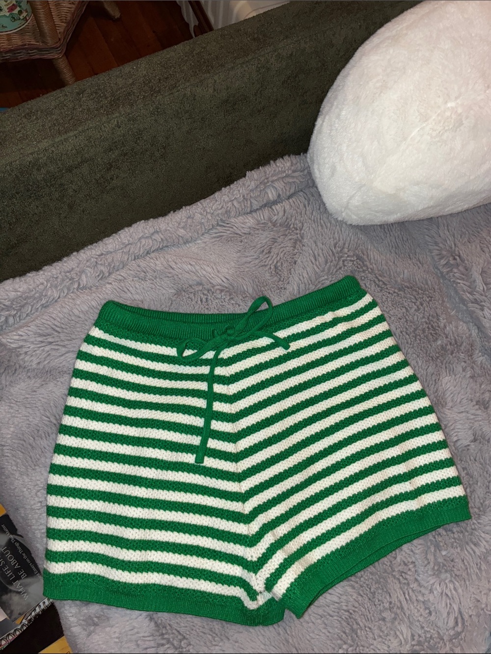 SHEIN Green and White Striped Knit Shorts